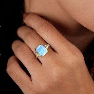 Rainbow Moonstone Ring – June Birthstone - Octagon Gemstone Prong Set Statement Engagement Rectangle Gold Band