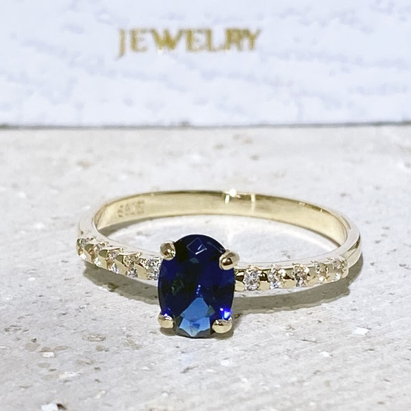Blue Sapphire Ring – September Birthstone - Oval Gemstone Prong Set Dainty Engagement Gold Band
