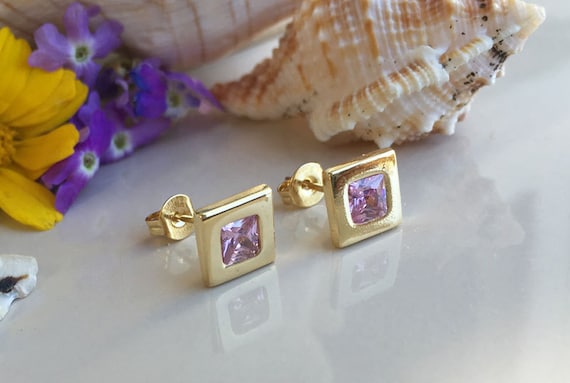 Lavender Amethyst Earrings – Square Light Purple Gemstone Bezel Set Simple Delicate Gold Post Studs
