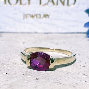 Ruby Ring – July Birthstone - East-West Oval Fuchsia Gemstone Simple Prong Set Stacking Gold Band