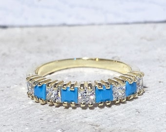 Turquoise Ring - Sleeping Beauty Turquoise - December Birthstone - Half Eternity Ring - Gold Ring - Prong Ring - Stack Ring