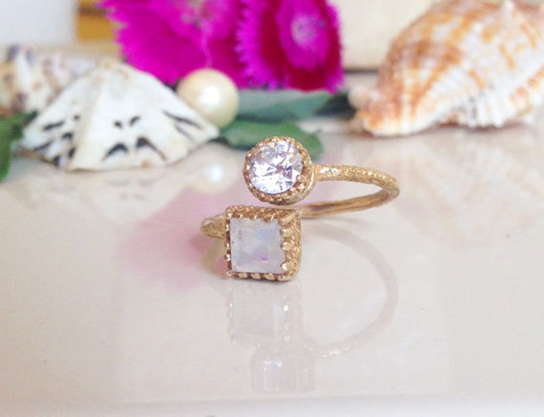 Dual Gemstone Ring Clear Quartz Ring Gold Ring Moonstone Ring Hammered Ring Stack Ring Gemstone Ring Any Birthstone Ring