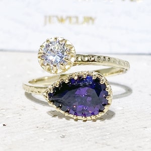 Amethyst Ring - Dual Gemstone Ring - Two Birthstone Ring - Fabruary Birthstone - Gold Ring - Gemstone Ring - Stack Ring - Hammered Ring
