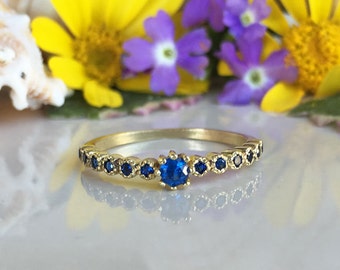 Blue Sapphire Ring - September Ring - Gold Ring - Dainty Ring - Bezel Ring - Royal Blue Ring - Half Eternity Ring - Simple Ring - Stack Ring