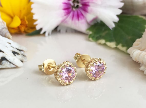 Rose Quartz Earrings - October Birthstone - Round Gemstone Prong Set Simple Delicate Gold Post Studs