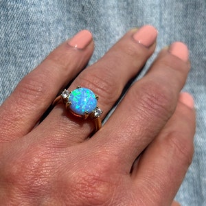 Blue Opal Ring - Gold Ring - Engagement Ring - Prong Ring - Round Ring - Cocktail Ring - Statement Ring - Opal Jewelry - October Birthstone