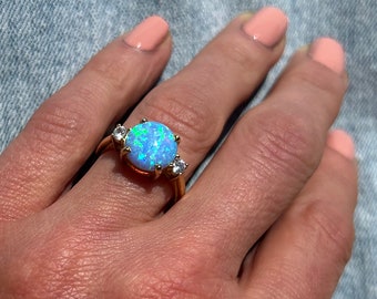 Blue Opal Ring Gold Ring Engagement Ring Prong Ring Round Ring  Cocktail Ring Statement Ring Opal Jewelry October Birthstone