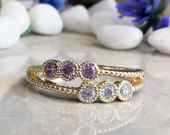 Rose Quartz & Clear Quartz Ring - Round Gemstone Bezel Set Dainty Delicate Stacking Gold Band