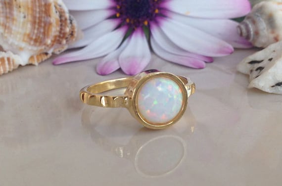 Opal Ring Opal Jewelry Round Ring Hammered Ring Gemstone Ring