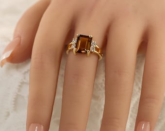 Smoky Quartz Ring - Genuine Gemstone - Gold Ring - Statement Ring - Engagement Ring - Rectangle Ring - Cocktail Ring - Brown Stone Ring