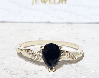 Black Onyx Ring - December Birthstone - Pear Gemstone Prong Set Teardrop Delicate Dainty Gold Band