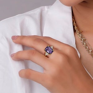 Purple Amethyst Ring - February Birthstone - Statement Ring - Gold Ring - Engagement Ring - Gemstone Ring - Rectangle Ring - Cocktail Ring