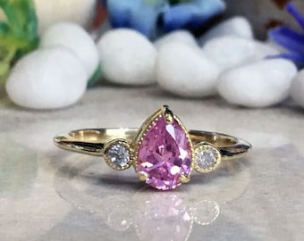 Rosenquarz Ring - Oktober Geburtsstein - Birne Edelstein Lünette Set Tropfen zarte zierliche Gold Band