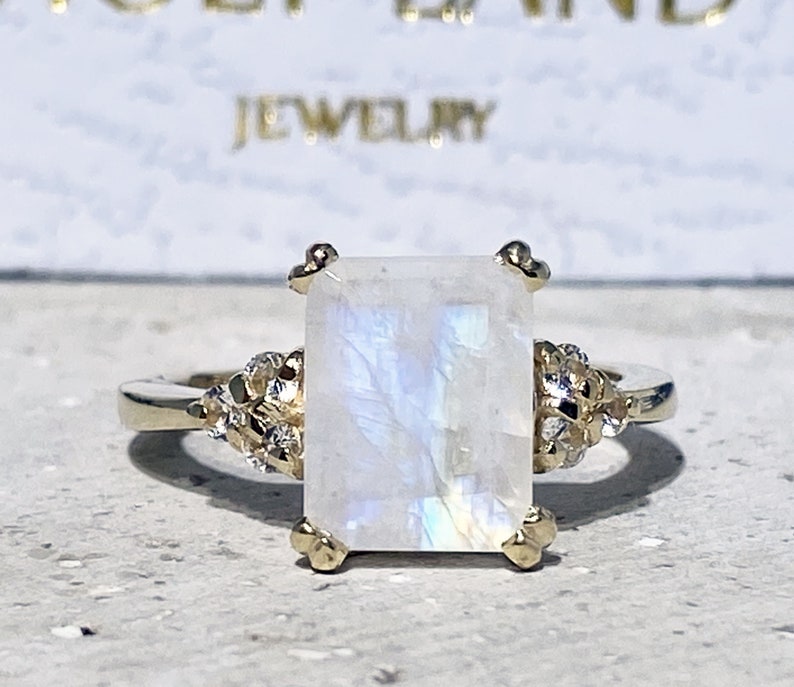 Rainbow Moonstone Ring June Birthstone Statement Ring Gold Ring Engagement Ring Rectangle Ring Cocktail Ring Prong Ring image 1