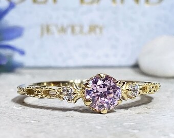 Rose Quartz Ring - October Birthstone - Round Pink Gemstone Bezel Set Delicate Stacking Gold Band
