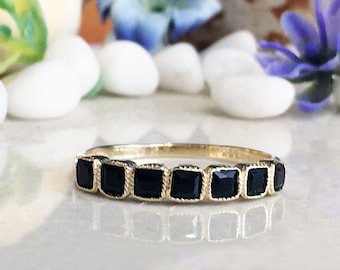 Black Onyx Ring – December Birthstone - Square Gemstone Bezel  Half Eternity Dainty Stacking Gold Band