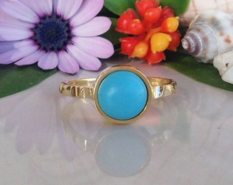 Blue Turquoise Ring - Gold Ring - Gemstone Ring - Round Ring - Stacking Ring - December Birthstone - Simple Ring - Hammered Ring
