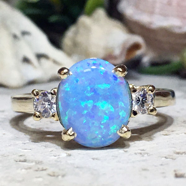 Blue Opal Ring – October Birthstone - Oval Gemstone Statement Engagement Prong Set Cocktail Gold Band