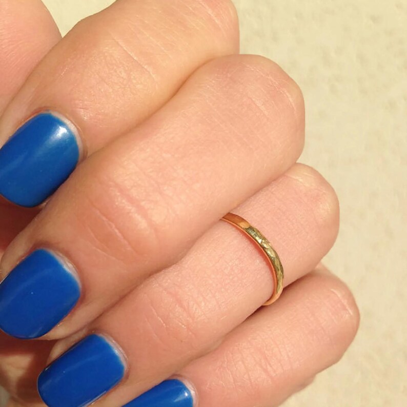 Wedding Ring – Simple Delicate Stacking Hammered Thin Gold Band image 1