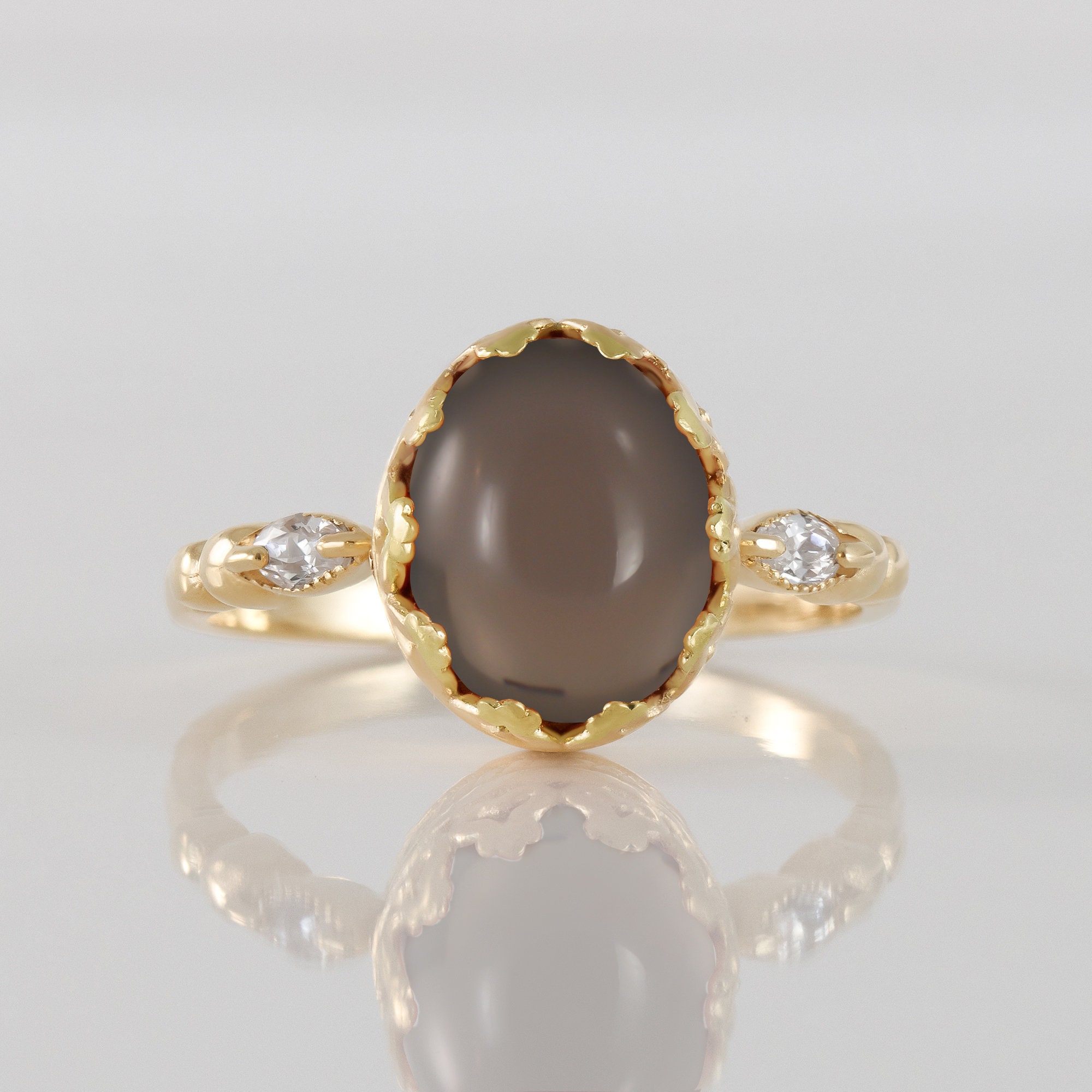 Smoky Quartz Ring - Oval Natural Brown Gemstone Vintage Crown Bezel Set Statement Gold Band