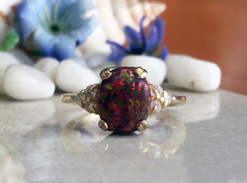 Gemstone Ring Cocktail Ring Dainty Ring Oval Ring Red Opal Gold Ring Statement Ring Fire Opal Ring Prong Ring Opal Jewelry