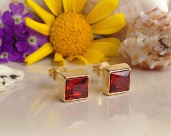 January Birthstone Jewelry - Garnet Earrings - Square Earrings - Post Earrings - Delicate Studs - Simple Earrings - Gold Studs