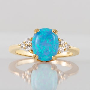 Blue Opal Ring - October Birthstone - Gold Ring - Engagement Ring - Prong Ring - Oval Ring - Cocktail Ring - Statement Ring - Opal Jewelry