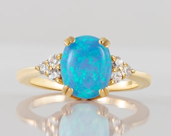 Blue Opal Ring - October Birthstone - Gold Ring - Engagement Ring - Prong Ring - Oval Ring - Cocktail Ring - Statement Ring - Opal Jewelry