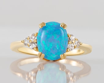 Oval Blue Opal Ring – Statement Engagement Blue Gemstone Prong Gold Band -  October Birthstone