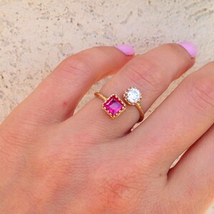 Dual Gemstone Ring - Two Birthstone Ring - Ruby Ring - Clear Quartz Ring - Gemstone Ring - Hammered  Ring - Stack Ring - Dainty Ring