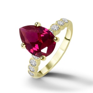 Ruby Ring - July Birthstone - Pear Fuchsia Gemstone Prong Set Teardrop Statement Engagement Gold Band