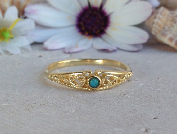 Blue Opal Ring October Birthstone Gold Ring Gemstone Ring Filigree
