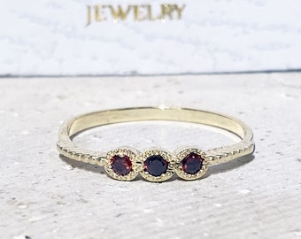 Red Garnet Ring – January Birthstone - Round Triple Gemstone Bezel Set Delicate Stacking Gold Band