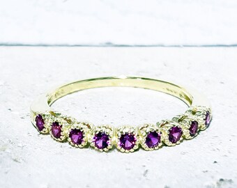Ruby Ring – July Birthstone - Round Gemstone Bezel Set Half Eternity Dainty Stacking Gold Band