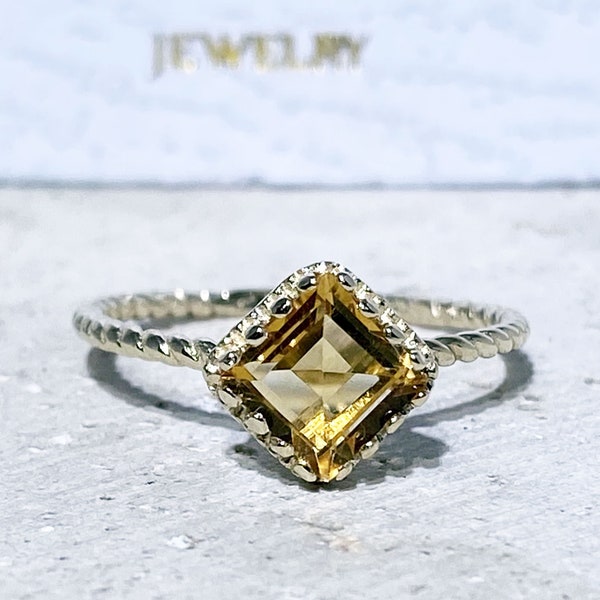 Citrine Ring - November Birthstone Jewelry - Genuine Gemstone - Square Ring - Stacking Ring - Twist Ring - Gold Ring - Simple Jewelry