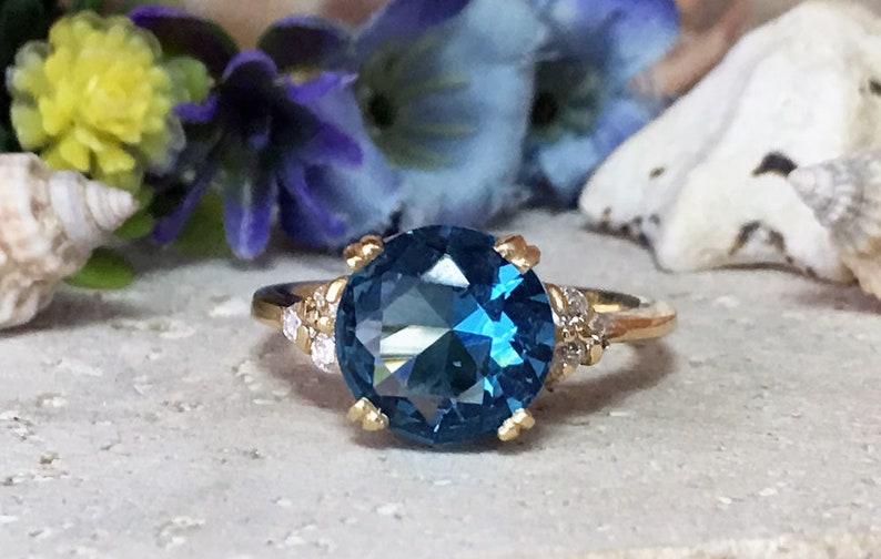 Blue Topaz Ring December Birthstone Gemstone Band Gold Ring Engagement Ring Round Ring Cocktail Ring Prong Ring image 5