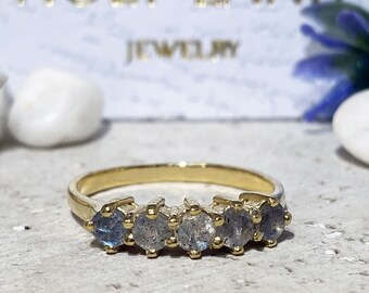 Labradorite Ring - Grey Ring - Genuine Gemstone - Gold Ring - Stacking Ring - Prong Set Ring - Tiny Ring - Rainbow Ring