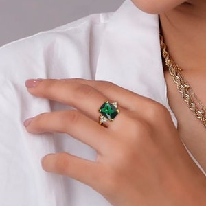 Emerald Ring - May Birthstone - Gold Ring - Gemstone Band - Statement Ring - Engagement Ring - Rectangle Ring - Cocktail Ring - Prong Ring