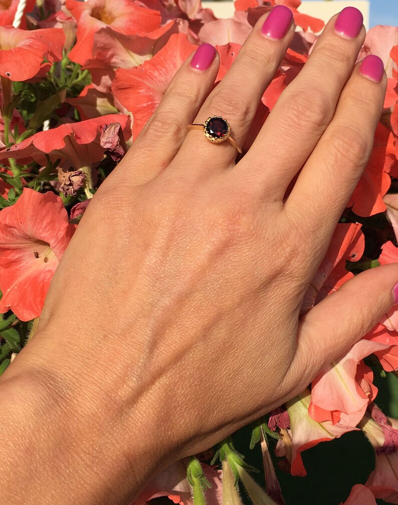 Mozambique Garnet Ring Genuine Gemstone January Birthstone Round Crown Ring Dainty Ring Gold Ring Bezel Ring Red Ring image 6