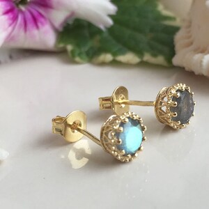 Labradorite Earrings - Round Natural Rainbow Gemstone Prong Set Simple Delicate Gold Post Studs
