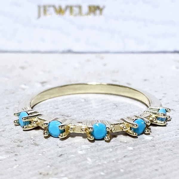 Blauer Türkis Ring - Dezember Geburtsstein - Runde Edelstein-Zacken-Set Zierliche Goldband Stapeln