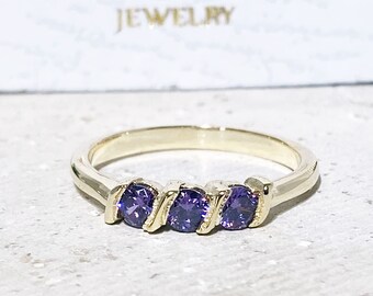 Purple Amethyst Ring - February Birthstone - Triple Gemstone Prong Set Stacking Simple Dainty Gold Band