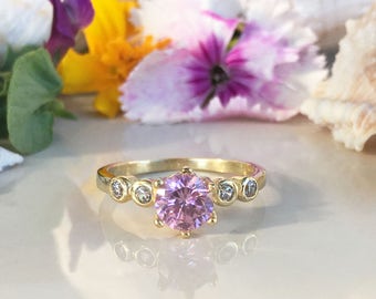 Rose Quartz Ring - October Birthstone - Round Gemstone Prong Set Simple Dainty Stacking Gold Band