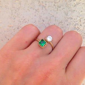 Dual Gemstone Ring - Two Birthstone Ring - Emerald Ring - Clear Quartz Ring - Gold Ring - Gemstone Ring - Stack Ring - Hammered Ring