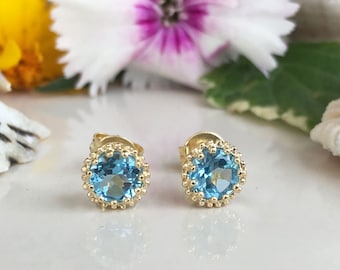 Blue Topaz Earrings - December Birthstone - Round Earrings - Small Earrings - Post Earrings - Delicate Studs - Simple Studs