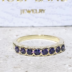 Purple Amethyst Ring – February Birthstone - Round Gemstone Bezel Half Eternity Dainty Stacking Gold Band