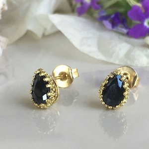 Black Onyx Earrings - Genuine Gemstone - Teardrop Earrings - Post Earrings - Bezel Earrings - Simple Earrings - Delicate Studs