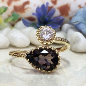 Smoky Quartz Ring - Dual Gemstone Ring - Two Birthstone Ring - Brown Ring - Gold Ring - Gemstone Ring - Stack Ring - Hammered Ring