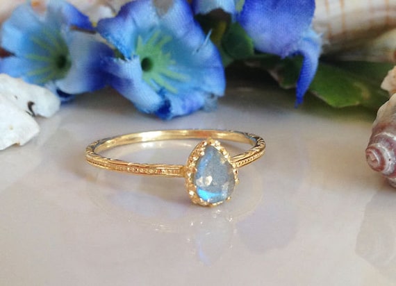 Labradorite Ring Genuine Gemstone Stacking Ring Gold Ring Bezel