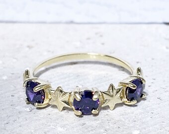Purple Amethyst Ring - February Birthstone - Round Gemstone Triple Prong Set Simple Stacking Gold Band